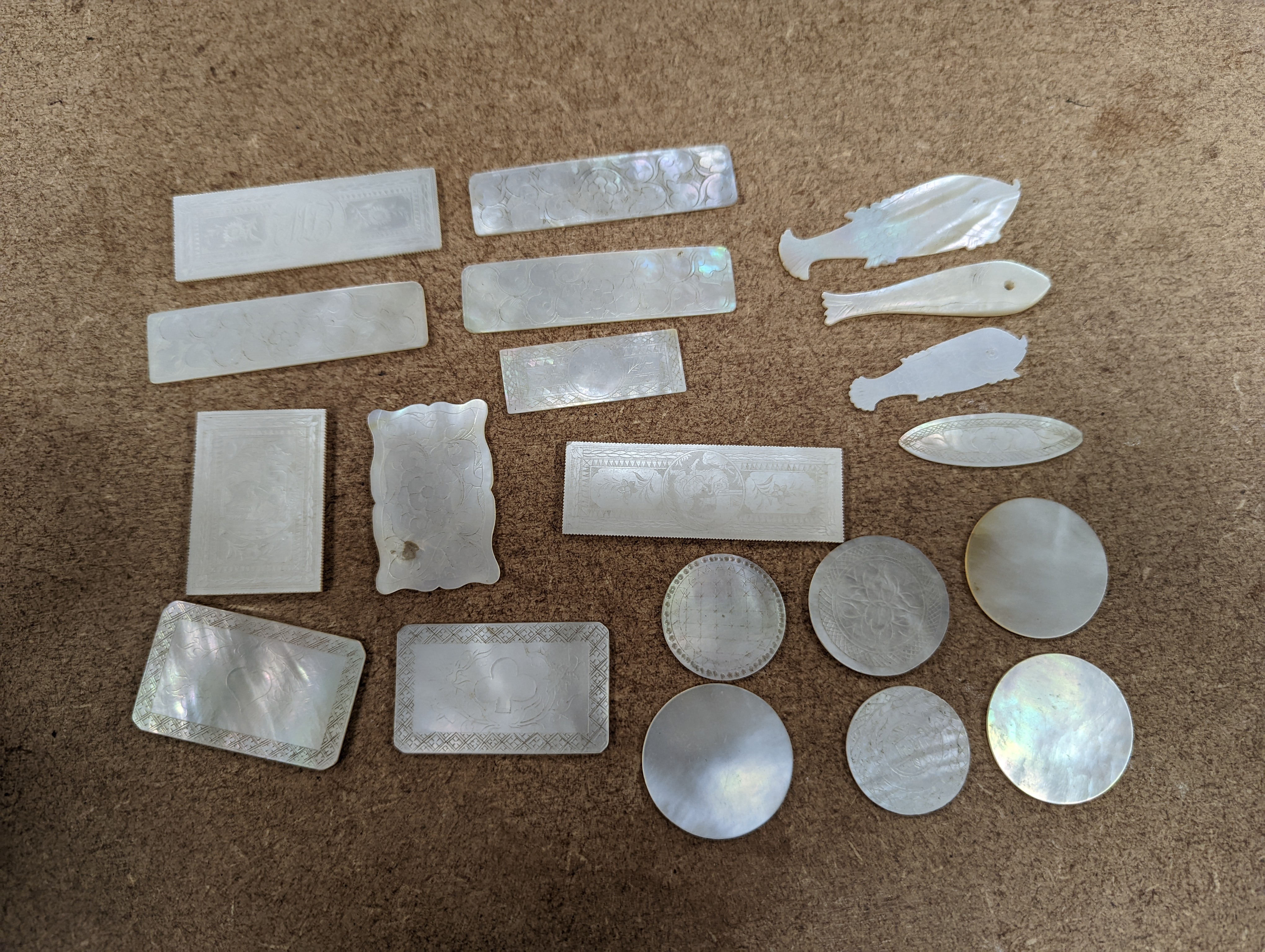A set of 19th century Chinese engraved mother-of-pearl gaming counters